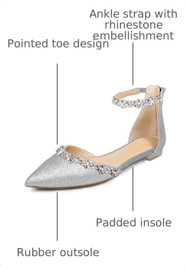 Image of XYD Women Classic Pointed Toe D'Orsay Wedding Flat Sandals Sparkly Rhinestones Ankle Strap Low Heel Dress Shoes with Zipper