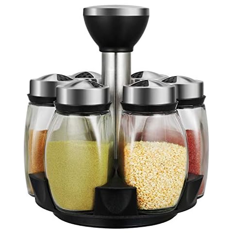 Hossejoy 6-Jar Revolving Spice Rack Organizer Holder, Kitchen Countertop Seasoning Stand Organizer Include 6 Glass Jar Bottles, Great Gift For Chefs & Foodies (Spices Not Included) Cover