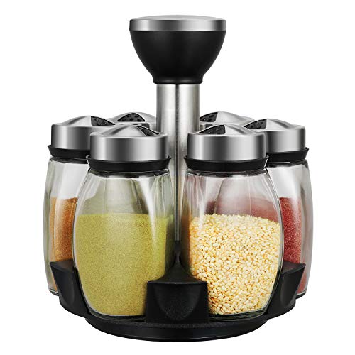 Hossejoy 6-Jar Revolving Spice Rack Organizer Holder, Kitchen Countertop Seasoning Stand Organizer Include 6 Glass Jar Bottles, Great Gift For Chefs & Foodies (Spices Not Included)