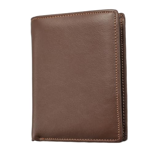 Mewpurrs Mens Genuine Leather Bifold Wallet - RFID Blocking with 12 Card Slots, Zipper Coin Pocket & ID Window - Coffee