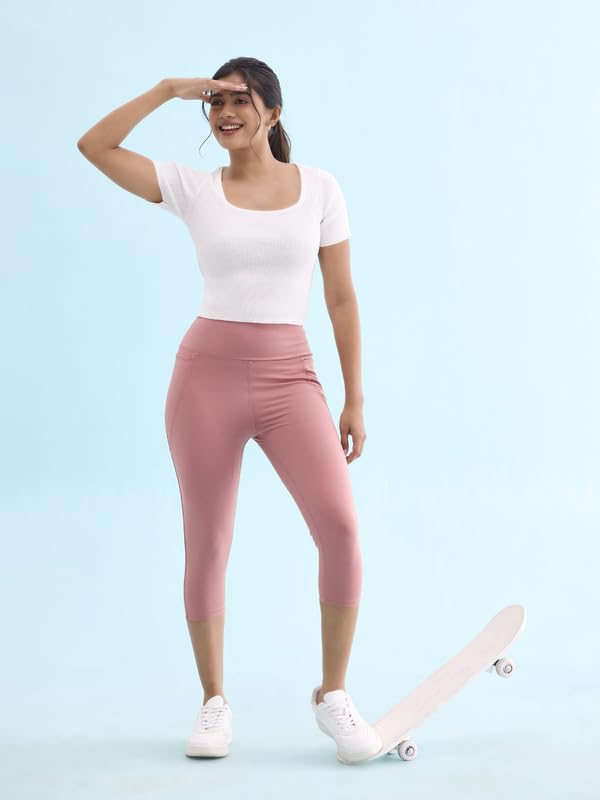 Image of GO COLORS Womens Solid Training Capri | Elastane, High Rise