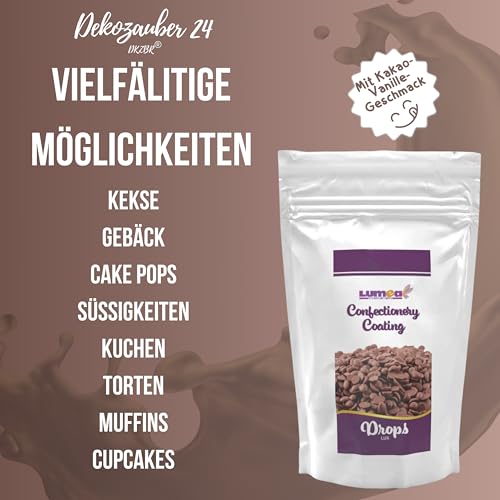 Dekozauber24 Kuvertüre Drops, braun, 750g, mit Vollmilchschokolade Geschmack, Deco Melts Chips mikrowellengeeignet, für Cake Pops, Torten, Kuchen, Drip oder Glasur