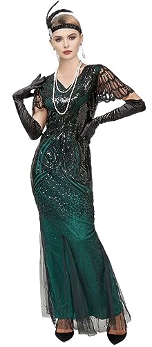 1920s Gatsby Flapper Evening Party Dress V Neck Sequins Mermaid Hem Cocktail Long Maxi Gown w/ 20s Accessories Set4
