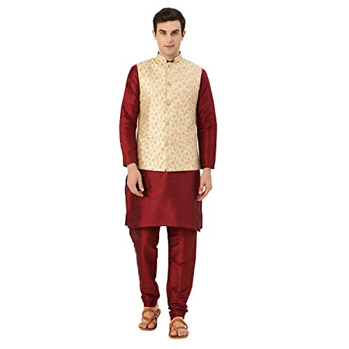 Image of SOJANYA (Since 1958 Men's Cotton Linen Maroon Kurta and White Pyjama with Mustard Cotton Nehru Jacket