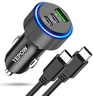 USB C Car Charger Adapter 66W, Tepow 3 Port USB Car Charger Fast Charge with USB C Cable, PD&QC3.0 Car Phone Charger Cigarette Lighter for Samsung Galaxy S22 Ultra/S21/S20,iPhone 14 13 12 11 Pro Max
