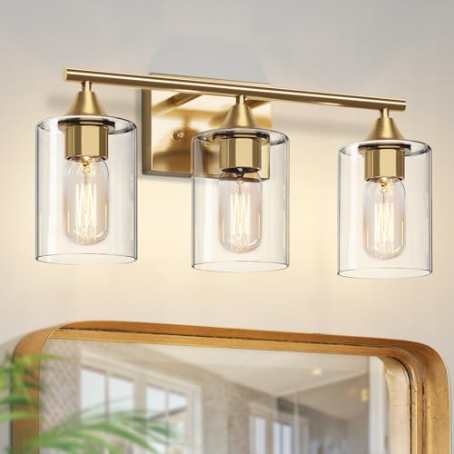 Image of Gold Bathroom Light Fixtures,3-Light Vanity Lights,Modern Brushed Brass Gold Wall Sconce Lighting,Bathroom Wall Lamp for Mirror Bedroom Living Room Vanity Table Hallway