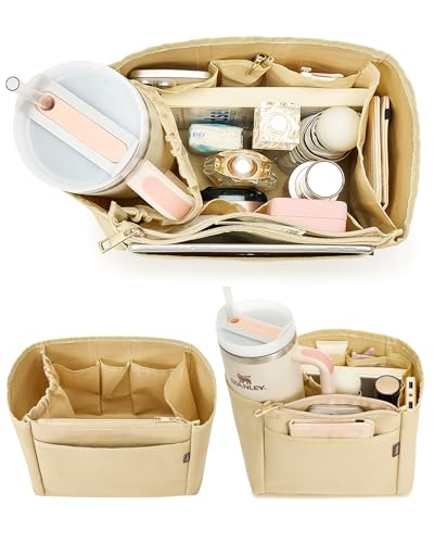 TOVICE Tote Bag Organizer Insert with Stanley Cup Holder and Zipper Bag Compatible with Neverfull Saint Louis and More 9 Pockets (Beige Medium)