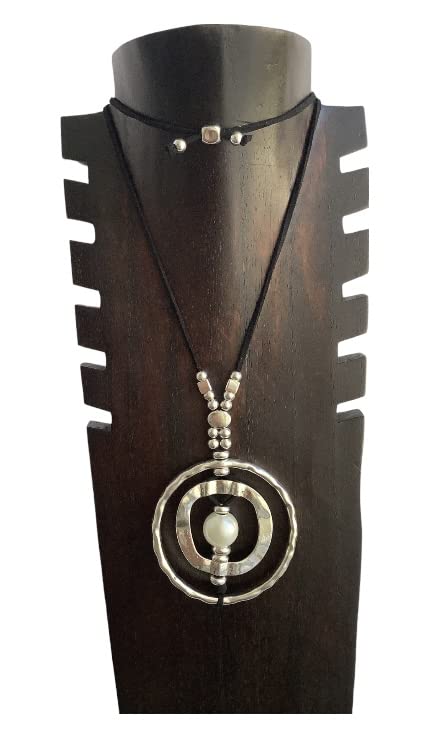 Anhur Collar Gargantilla Colgante Geométrico Aro con Perla Largo Negro Collar Mujer Longitud Adaptable Juvenil Moda Boho Color Plata