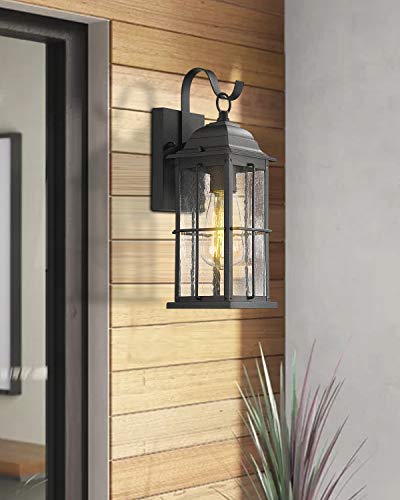Zeyu 1-Light Outdoor Wall Sconce Lantern, 14 Inch Exterior Light Fixtures Wall Mount In Black Finish With Seeded Glass Shade, 20071B1 #TOP5