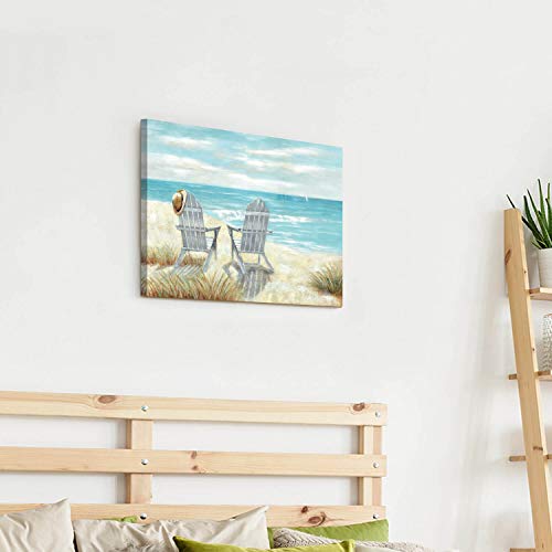 Artistic Path Beach Chair Canvas Wall Art: Seascape Quiet Wave Grass Straw Hat White Sailboat Artwork Painting Picture For Living Rooms (24" W X 18" H,Multi-Sized) #TOP5