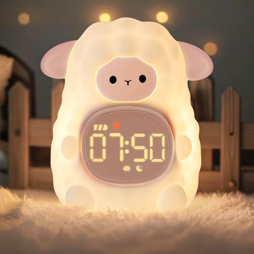 Image of Sheep Alarm Clock with Night Light for Kids with Sleep Training and Sound Machine, Rechargeable Silicone Lamp OK to Wake Clock,Cute Animal Tabletop Lamp, Perfect Sleep Companion for Boys Girls, Pink