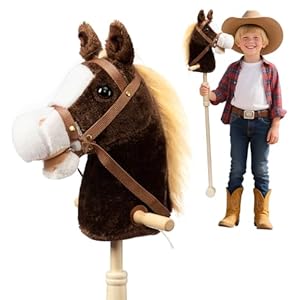 HollyHOME Stick Horse Plush Handcrafted Hobby Horse on a Stick with Wood Wheels Real Pony Neighing and Galloping Sounds for Kids Toddlers Chocolate 36 Inches(AA Batteries Required)