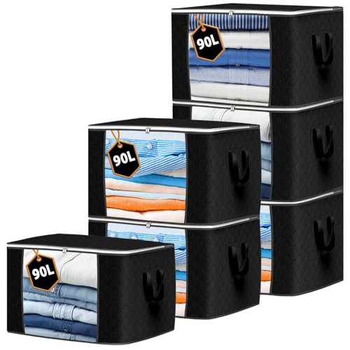KURNI Storage Bags Clothes Organizer 6 Pack Black, Large Moving Boxes With Top Lid 90L Capacity, 3 Sided Zipper Storage Box. Dust/Mites & Moisture Proof 60 x 43 x 35cm