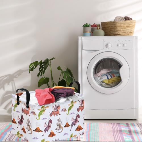 Image of Round Laundry Basket Gragon Nursery Hamper Storage Bins Dinosaur room Decor | Waterproof Canvas Collapsible Storage Basket With Sturdy Handles Multi-scene Organizer Dinosaur For Play Bedroom Decor Gift