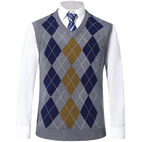 MorenMens Classic V-Neck Vest Sleeveless Jumper Knitted Gilet Knitwear Sweater Tank Tops Knitted Waistcoat Slipover Plaid Decoration Grey Cover