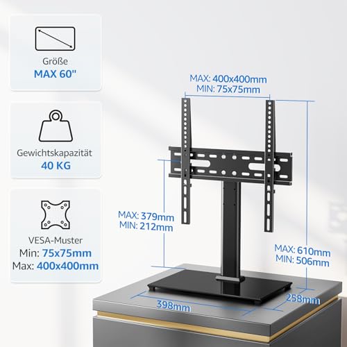 MOUNTUP TV Ständer Höhenverstellbar Für 24-60 Zoll LCD Led OLED Fernseher, Max. 40KG, Höhenverstellbar Universeller TV Standfuß mit Kabelmanagement, Max.VESA 400x400 mm, EU1335