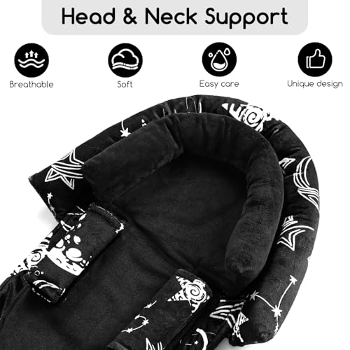 Image of GFU Baby Car Seat Head Support for Newborn, 2 in 1 Infant Car Seat Head Body Support with Strap Pads, Soft Stroller Cushion Pillow Insert for Girls, Fits for Stroller, Swing, Black Star