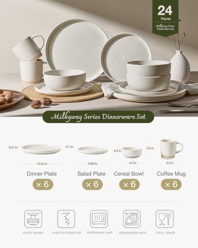 Image of Famiware Milkyway Stoneware Dinnerware Sets with Mugs, Service for 6 (24 Pieces), Reactive Glaze Plates and Bowls Sets, Microwave and Dishwasher Safe Dishes Set, Matte Beige White