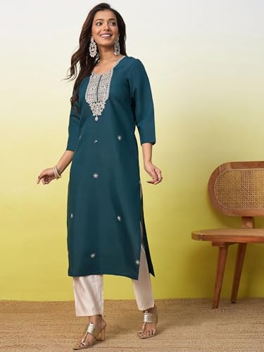 Image of Women's Silk Blend Embroidery Straight Kurta | Ethnic Kurtas for Women | Kurtis for Women Festive, Casual Office Wear Ethnic Kurta for Women