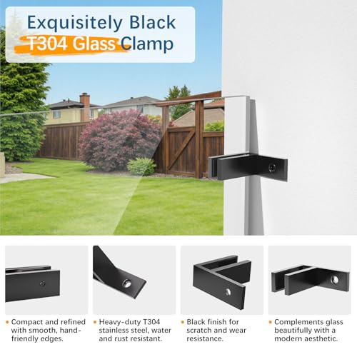 Image of 8 Pack Matte Black Wall to Glass Clamp 90 Degrees Glass Railing Clamp Fit for 3 /8 inch-1 /2 inch(10mm-13mm) Thinkness Balustrade, F Shape T304 Railing Clips for Fence, Balcony Deck, Indoor & Outdoor