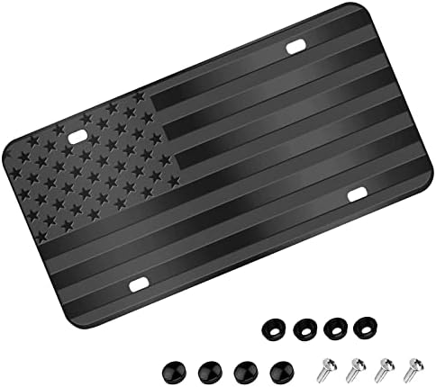 American Flag License Plate, Black Front Flag License Plates with 4 Holes,Custom Novelty Vintage Aluminum Metal 3D Embossed US License Plate with Screws Caps, 6*12 inches