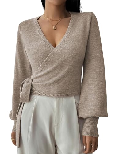Image of ZAFUL Women's V Neck Cable Knit Sweater Long Sleeve Ribbed Crop Tops Wrap Surplice Solid Casual Pullover Jumper