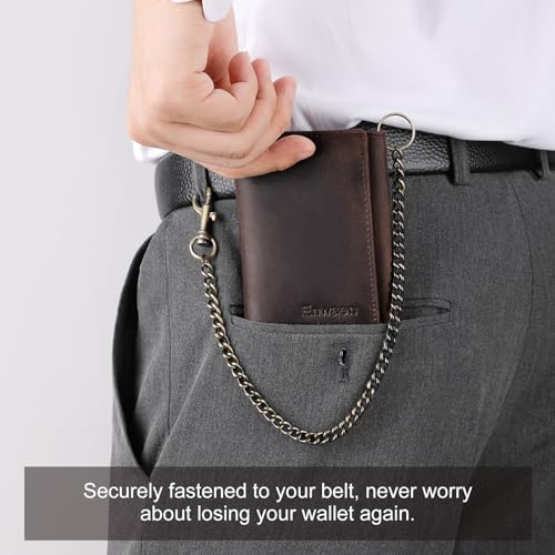 Trifold Chain Wallets for Men, Genuine Leather Wallet RFID Blocking Anti-Theft Chain for Biker, Motorcycle