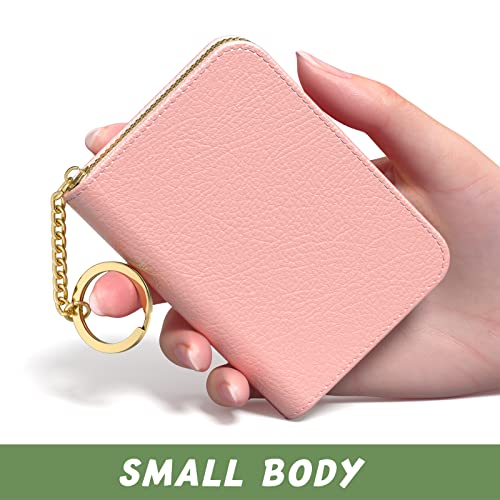 Image of Aiawoxc Credit Card Holder for Women, Small RFID Wallet Slim Leather Business Card Organizer Case with Zipper and Keychain, Pink
