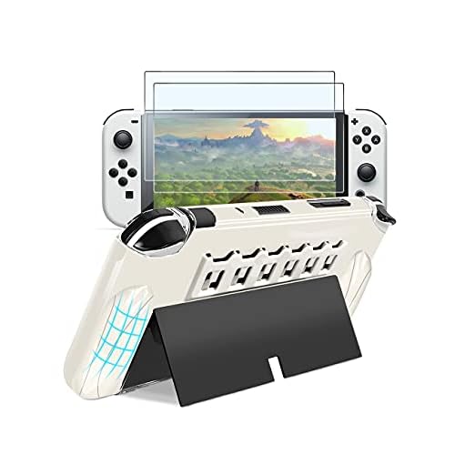 AKNES Hülle für Switch OLED,Weiss Schutzhülle für Nintendo Switch OLED PC Zubehör Griff Cover Case[1 Stücke],Panzerglas Schutzfolie für Switch OLED [2 Stücke] [Nintendo_Switch]… (Alter Stil Weiß)