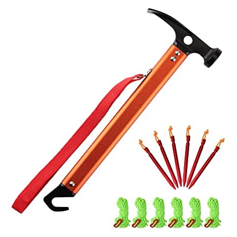 aiGear Camping hammer with Hook Lightweight Aluminum Multifunctional Tent Stake Handy Hammer with Wind Ropes for Hiking Backpacking Gardening Color Orange(CH15) Cover