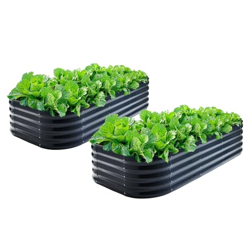 2Pcs Galvanized Steel Raised Garden Bed 8x2ft Oval - 17" Tall 9-in-1 Modular Planter Box for Vegetables/Flowers, Rust-Proof Metal Outdoor Planters Rub