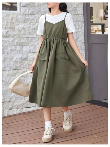 OYOANGLE Girl's 2 in 1 Colorblock Round Neck Short Sleeve A Line Flowy Midi Dress with Front Pockets4