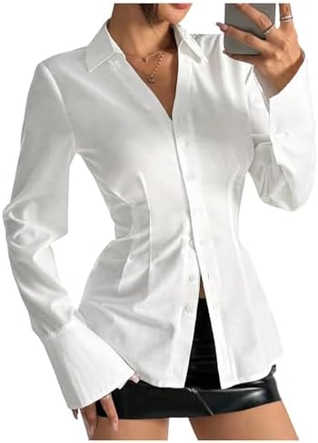 GORGLITTER Women's Button Up Fitted Blouse Dressy Bell Sleeve Off...
