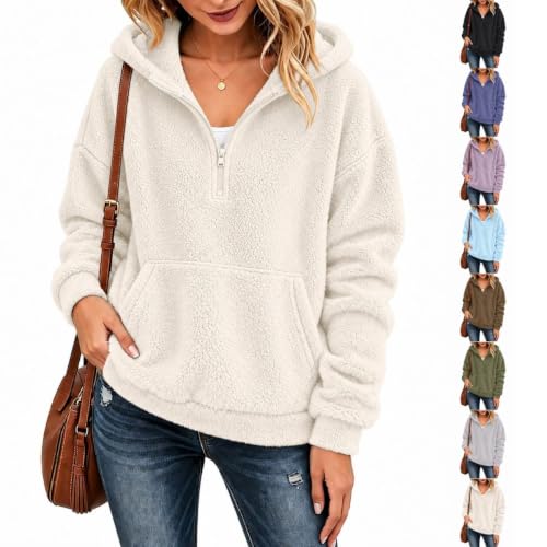 Quarter Zip Pullover Women Warm Sherpa Fleece Hooded with Front Pocket Beige L - image 1