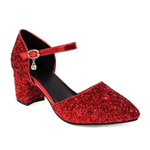 DEERBUNNY Elegant Women's Glitter Pump Shoes Ankle Strap Pumps Block Heels Comfort Formal Occasions Mid High Heels Party Dress Shoes