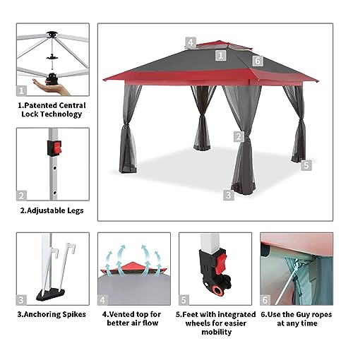 Crown Shades 13X13 Outdoor Pop Up Gazebo Base 10X10 Patio Gazebos Patented Center Lock Quick Setup Newly Designed Storage Bag Instant Canopy Tent With Mosquito Nettings (13X13, Red & Grey) #TOP3