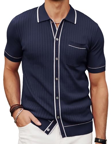 Image of PJ PAUL JONES Men's Short Sleeve Knit Polo Shirt Vintage Button Down Golf Polo, Navy Blue, Large