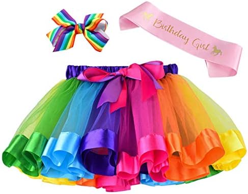 Toycost Layered Rainbow Tutu Skirt Costumes Set with Hair Bows Clips and Satin Sash for Girls Birthday Party Dress up