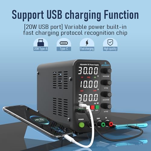 Jesverty DC Power Supply Variable, 0-32V 0-10A Switching Bench Power Supply with Intelligent Charging Mode, 20W USB & Type-C Quick-Charge, Encoder Knob, Output Switch, 4-Digit LED Display - SPS-3010C by Jesverty - Image 4