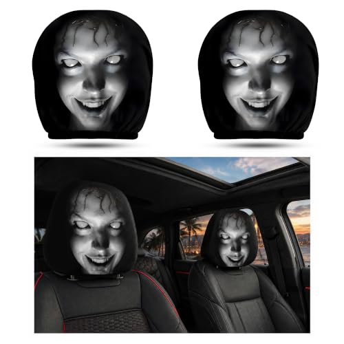 Image of 2Pcs Horror Ghost Face Car Headrest Covers, Universal Stretch Elastic Headrest Protector, Funny Prank Halloween Auto Interior Decor Accessories Fit Most Vehicles (B)