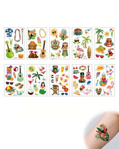 YIPFEN Adesivi Tatuaggi Temporanei 10pz Set Completo | Modello Hawaii, 10 Design Unici, Impermeabile & Dermocompatibile | Decorazione Cutanea Senza Dolore, Ideale per Mare, Estate e Eventi