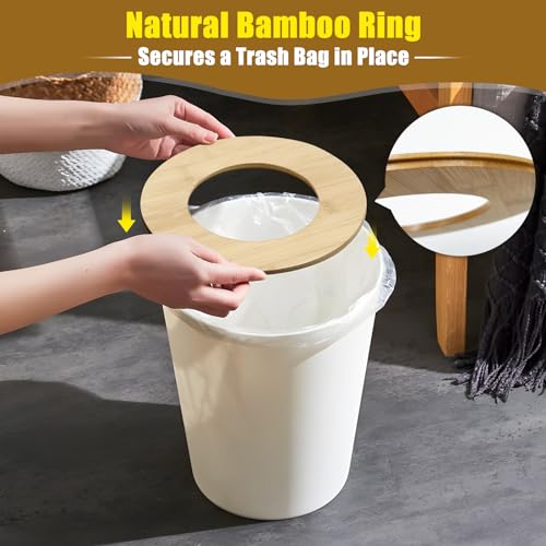 Image of White Trash Can for Bedroom with Bamboo Lid, 2.4 Gallon Open Top Trash Can 2 Pack, Modern Aesthetic Garbage Can for Room Office Living Room, Small Bathroom Trash Bin Boho Style