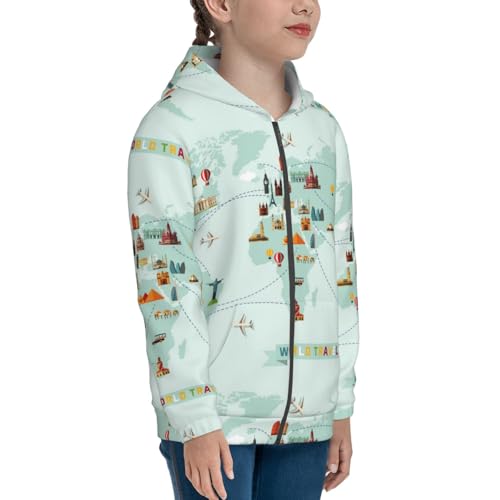 World Travel Map Kid Hoodies Boys Zip Up Sweatshirts Girls Pullover with Pocket4
