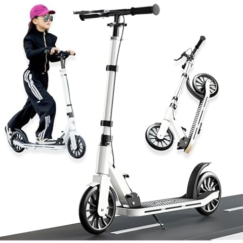 CUIOT Kick Scooter for Ages 6+,Kid, Teens & Adults for 300 lbs Capacity, Lightweight, Foldable - 8IN Big Wheels Scooter,Commuter Adult Scooters with Hand Brake, 4 Adjustable Levels, ABEC 9, 15 lb,WHI Cover