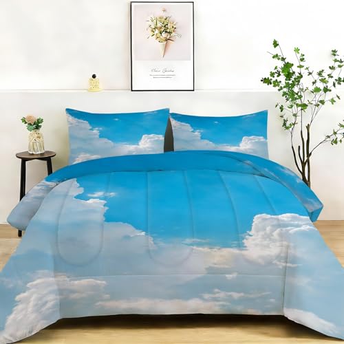 Couette sans housse lavable 200x200 microfibre douce motif ciel bleu