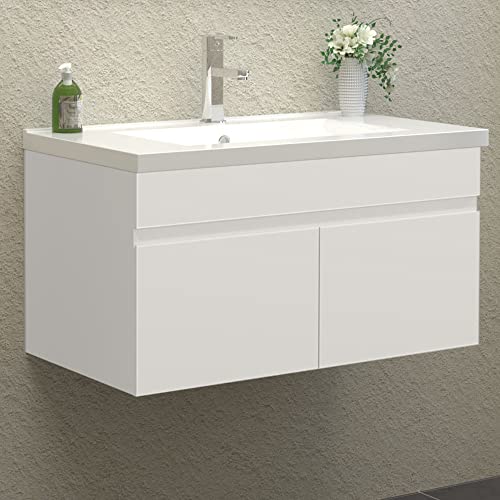 Bad Unterschrank Waschbecken Weiß Matt 80cm Breit Waschbecken Unterschrank mit 2 Soft-Close Türe Hängend Cover