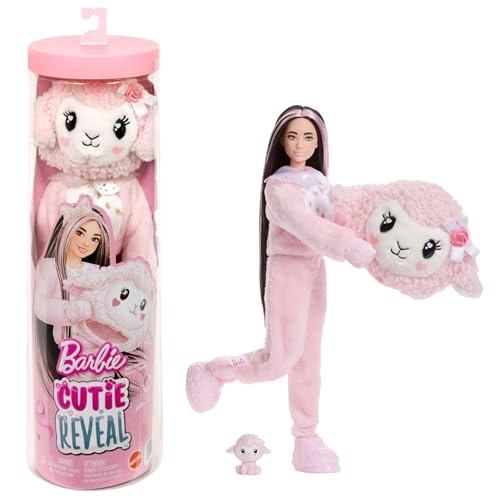 Barbie Cutie Reveal Doll & Accessories, Cuddly Series Lamb with 10 Surprises Including Color Change & Mini Pet, JJP66