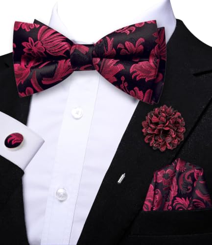 Image of Dubulle Mens Paisley Striped Bowtie Set Pre-tied Bowtie for Men and Pocket Square Set Wedding Business