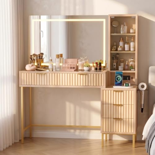 48" Makeup Vanity Desk with Mirror & Lights, Glass Top Table for Bedroom