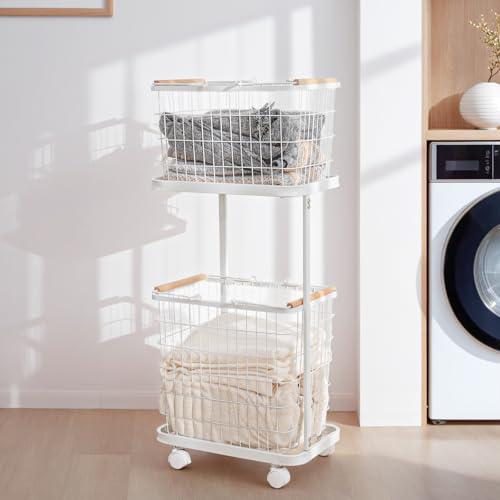 【弥生日和】 ランドリーバスケット キャスター付き ランドリーワゴン 2段 洗濯かご 大容量 幅41x奥行33.5x高さ94cm ランドリー収納 ランドリーラック スリム 持ち手付き 洗濯カゴ 洗濯物入れ インテリア雑貨 洗面所(ホワイト)